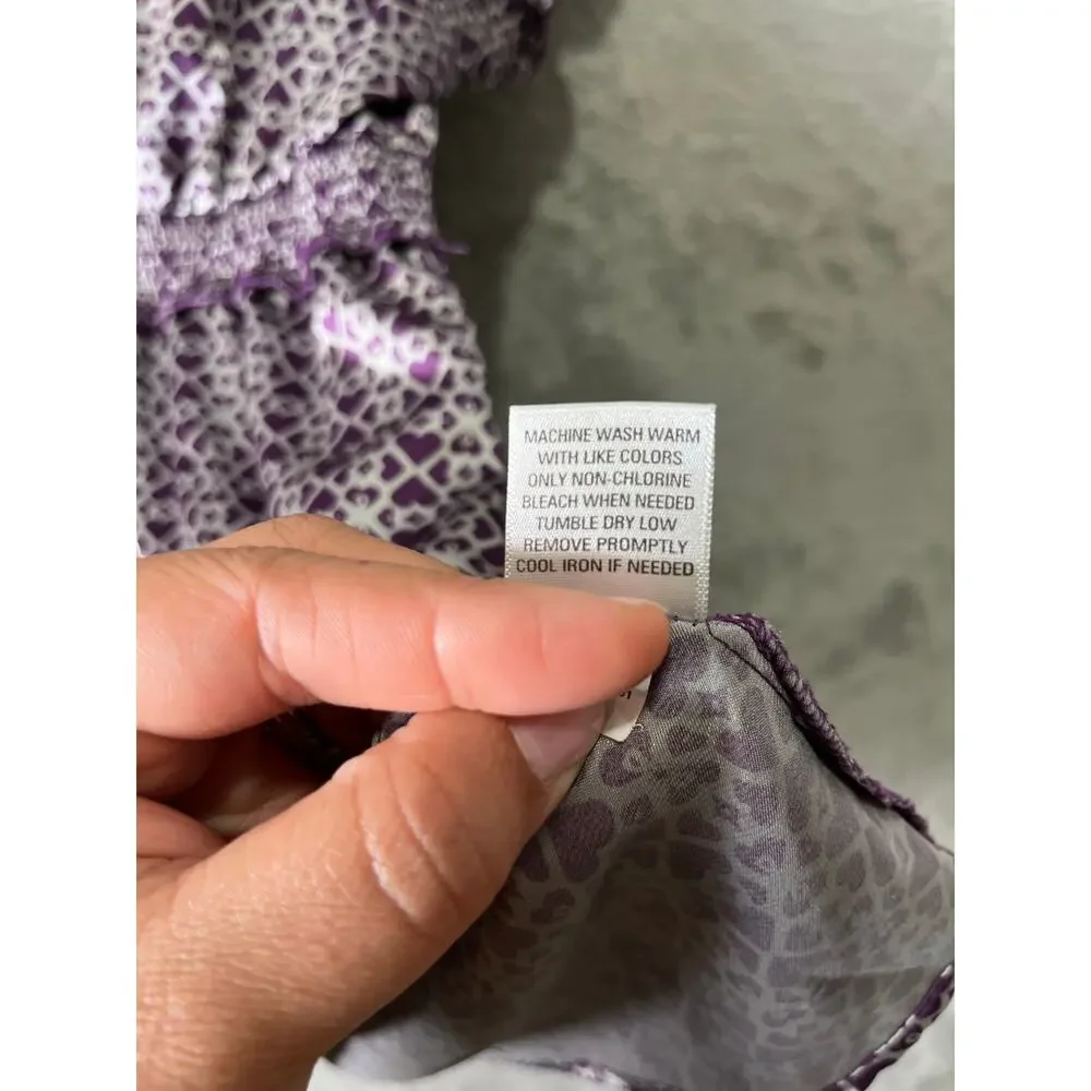 Vintage Y2K Purple Geometric Print Babydoll Top Smocked Waist Ruffle Trim Boho L - Picture 6 of 8